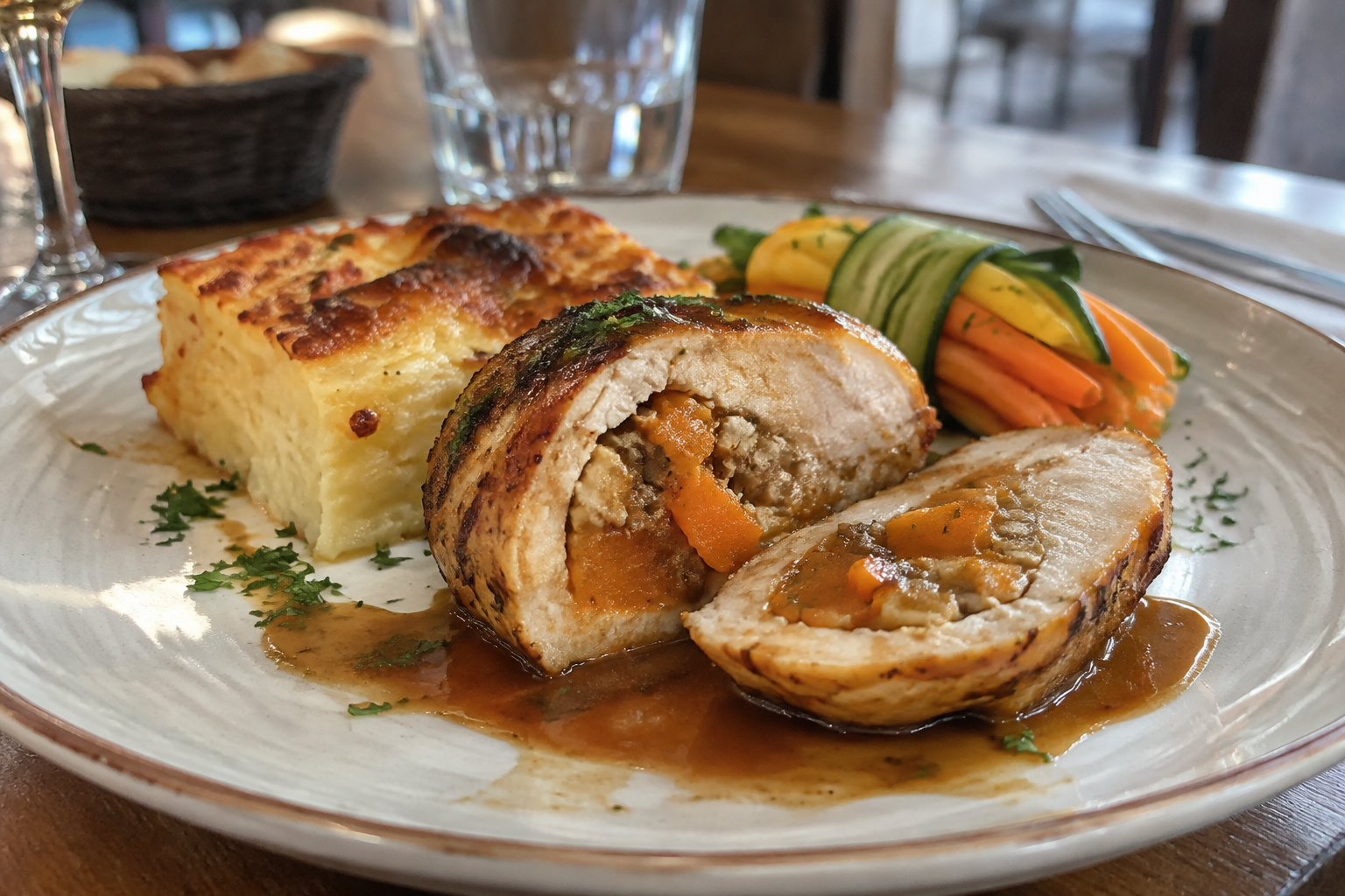 Fondant de volaille farci au butternut et aux marrons, gratin dauphinois et ballotin de légumes