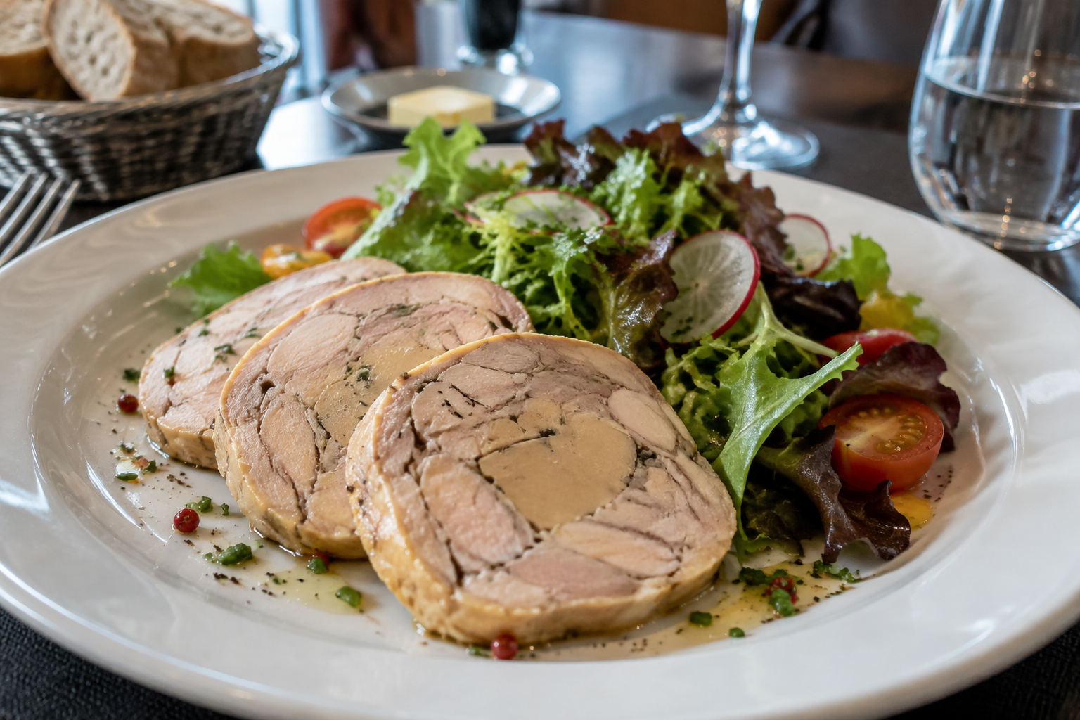Marbré de volaille au foie gras, sur sa salade fraîcheur